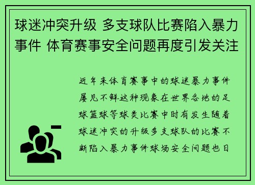球迷冲突升级 多支球队比赛陷入暴力事件 体育赛事安全问题再度引发关注